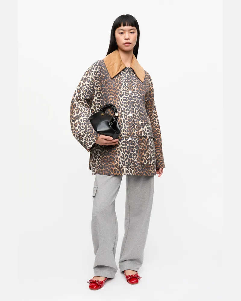 Ganni braun Mittellange Canvas-Jacke mit Leopardenprint Bio-Baumwolle - Größe Braun