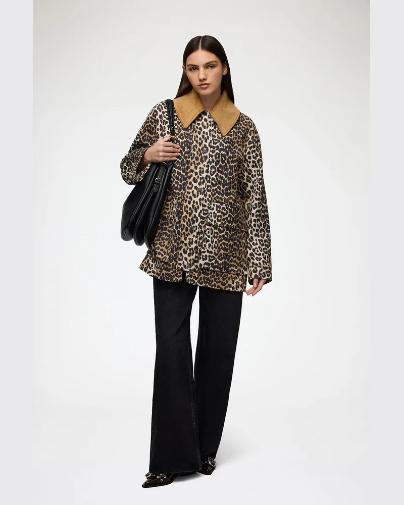 Ganni braun Mittellange Canvas-Jacke mit Leopardenprint Bio-Baumwolle - Größe Braun