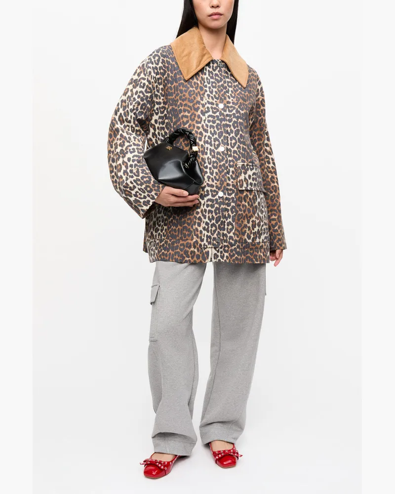 Ganni braun Mittellange Canvas-Jacke mit Leopardenprint Bio-Baumwolle - Größe Braun