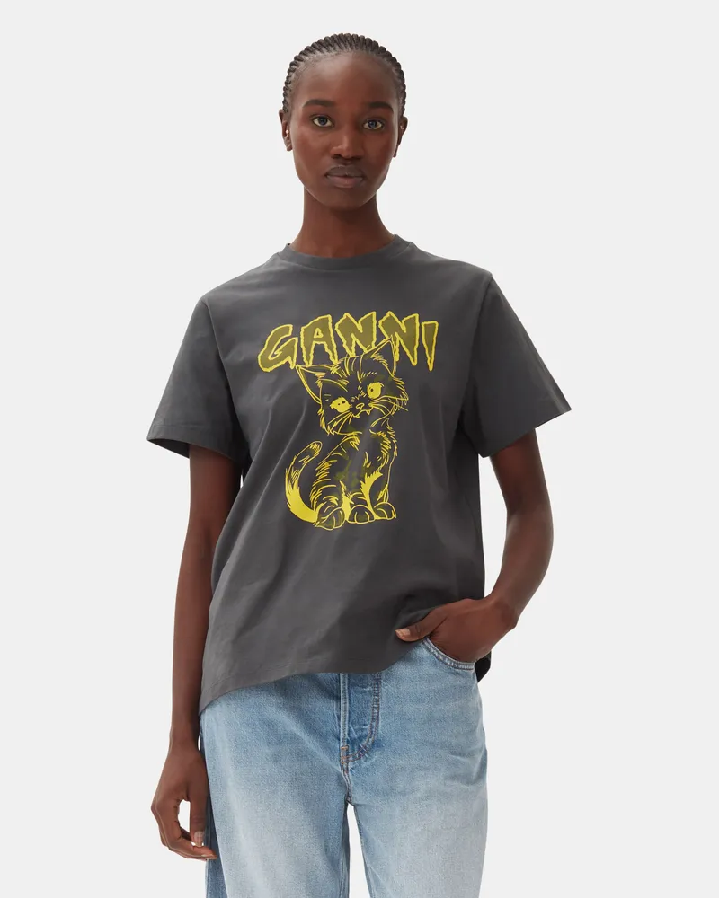 Ganni grau Relaxed Cat T-Shirt Bio-Baumwolle - Größe Grau