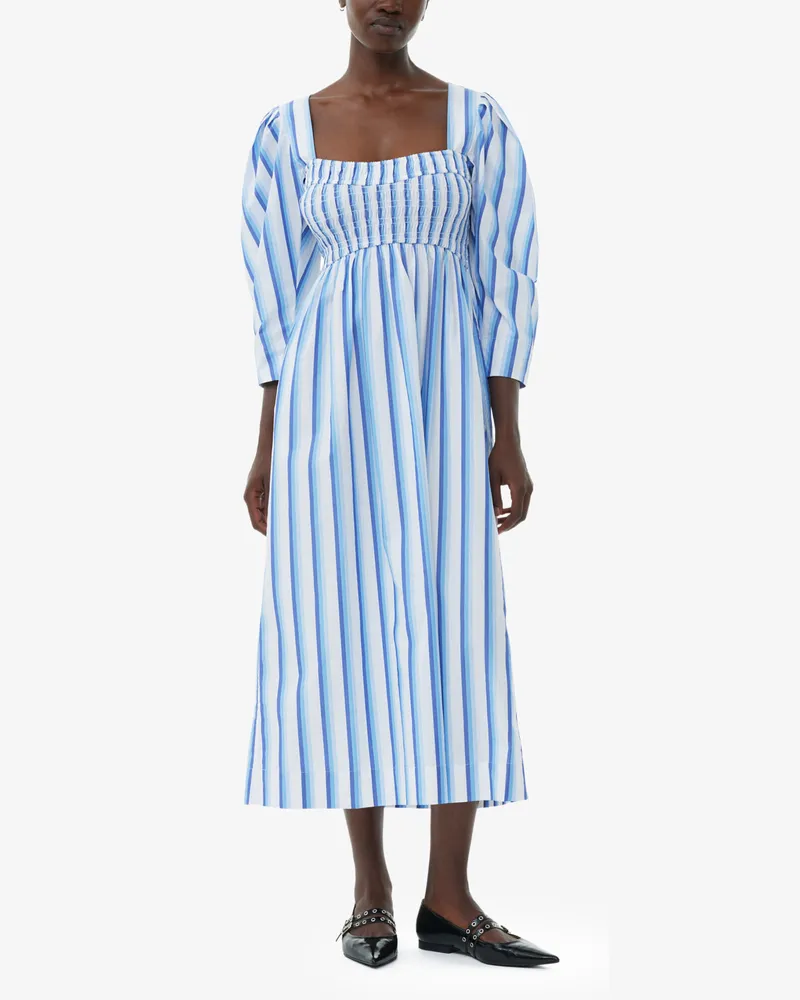 Ganni blau Langes Kleid aus gestreifter Baumwolle mit gesmoktem Oberteil Bio-Baumwolle - Größe Blau