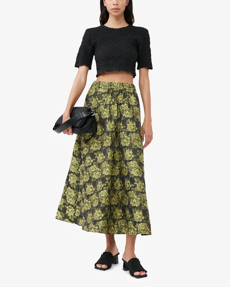 Ganni schwarz Schwarzes gesmoktes Crop-Top mit O-Ausschnitt aus Cotton Poplin Bio-Baumwolle - Größe Schwarz