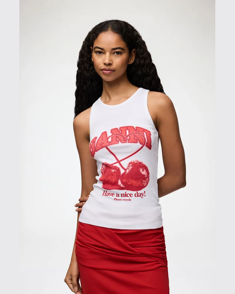 Ganni weiß Tanktop mit Kirschmuster Bio-Baumwolle - Größe Weiß