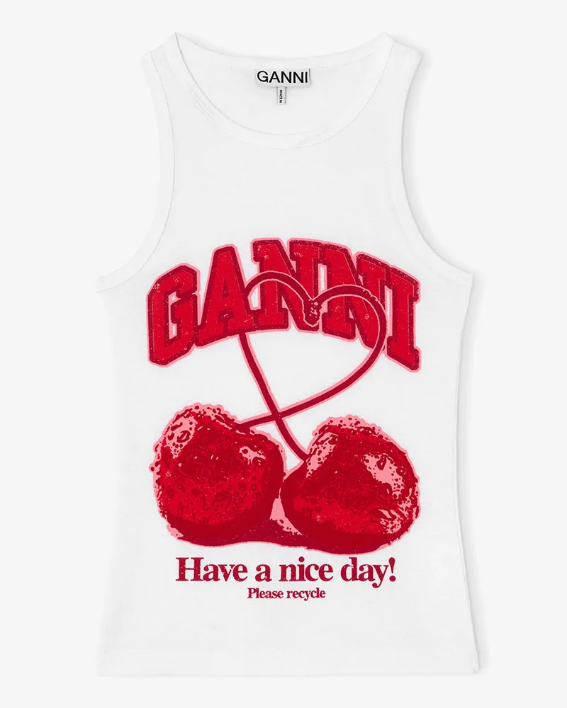 Ganni weiß Tanktop mit Kirschmuster Bio-Baumwolle - Größe Weiß