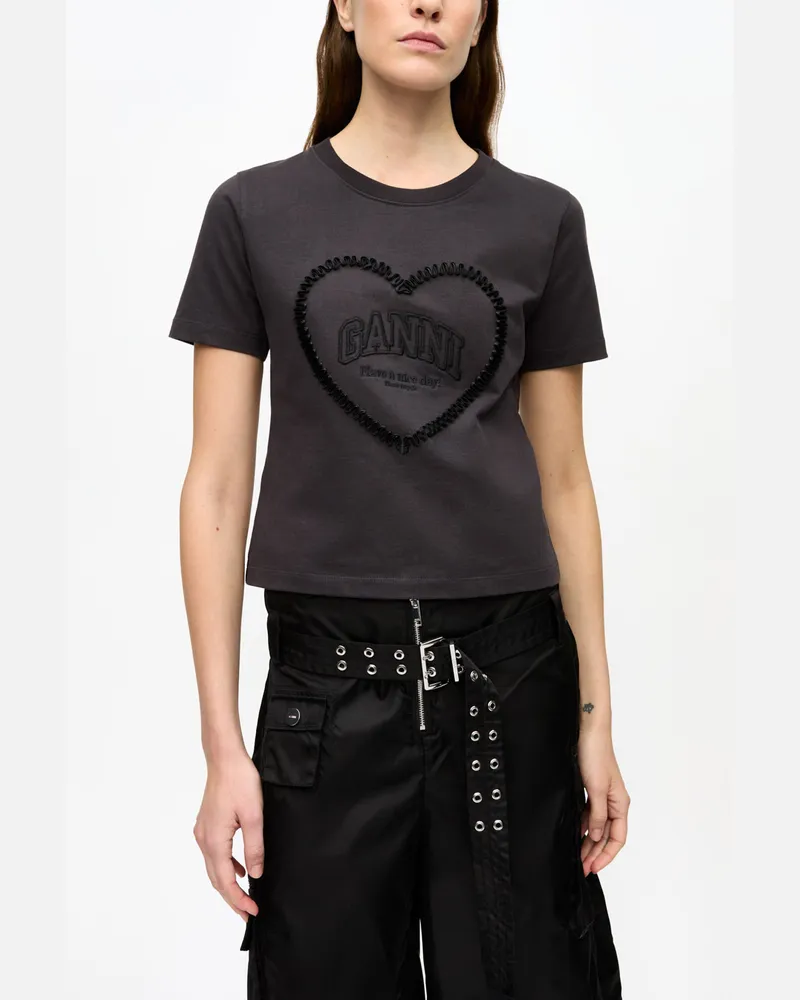 Ganni gemischt Kurzes Schwarzes Heart T-Shirt Bio-Baumwolle - Größe Gemischt