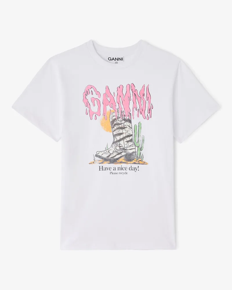 Ganni weiß T-Shirt mit Zebra-Westernstiefel Bio-Baumwolle - Größe Weiß