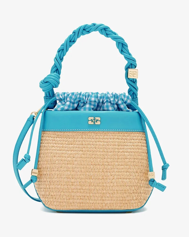 Ganni Bou Bucket Tasche aus Bast Scuba blau Scuba
