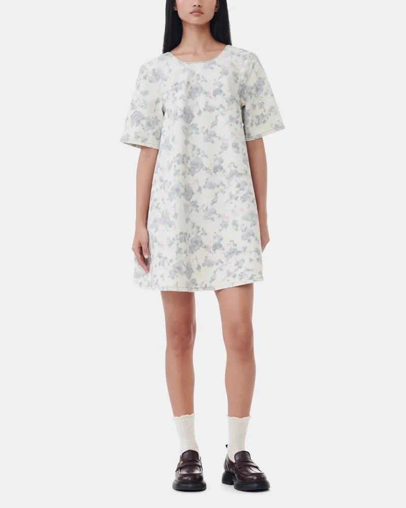 Ganni beige Mini-Kleid aus Denim mit floralem Print und offenem Rücken Bio-Baumwolle - Größe Beige