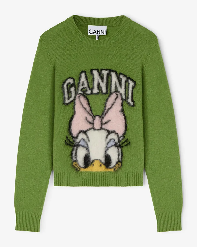 Ganni Daisy Duck grüner gebürsteter Woll-Pullover - Größe Minced Herb Minced