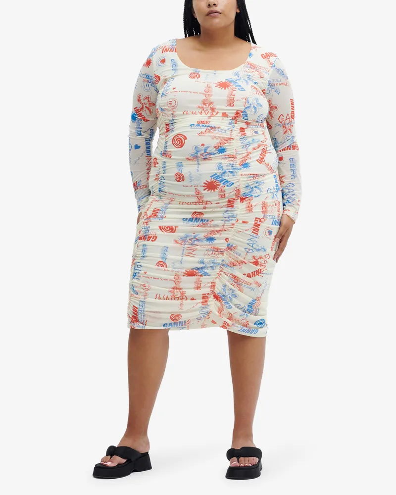 Ganni weiß Midi-Kleid aus Mesh mit Raffung Nylon - Größe Weiß