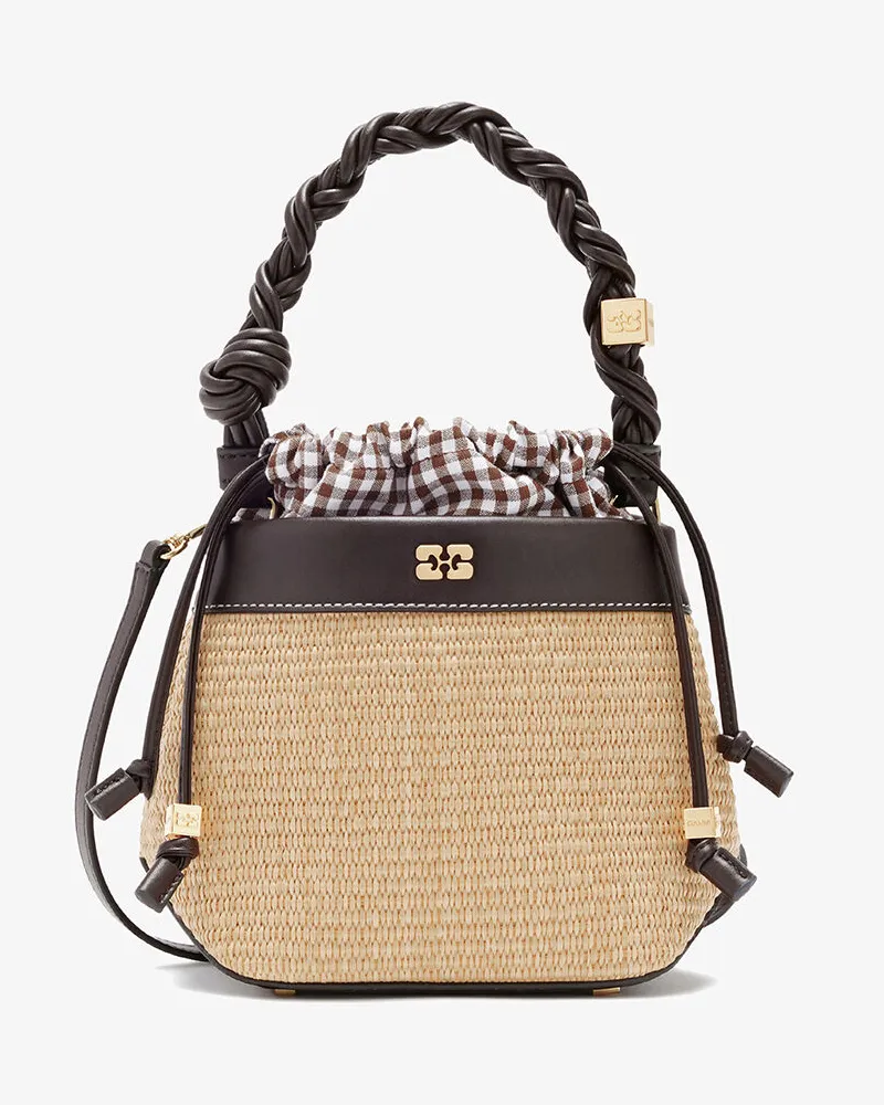 Ganni Bou Bucket Tasche aus Bast braun Braun
