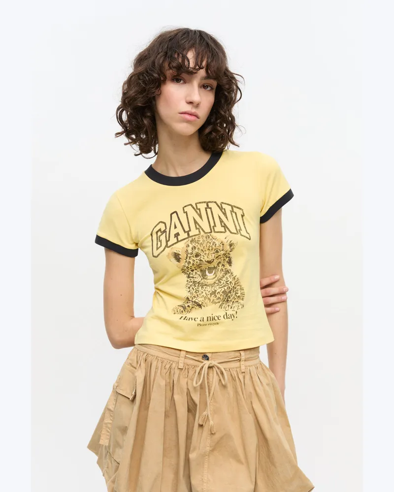 Ganni Mellow gelb Gelbes Kurzes T-Shirt mit Leopardenprint Baumwolle - Größe Mellow