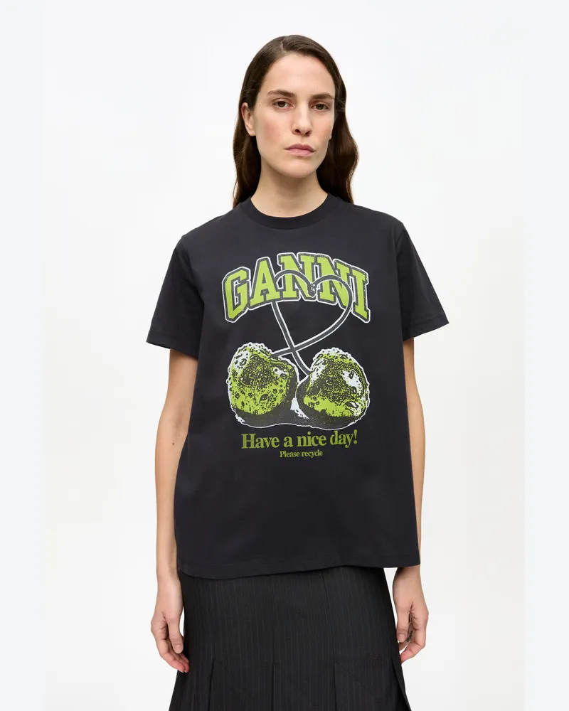 Ganni gemischt Schwarzes, lockeres Basic-T-Shirt grün Cherry aus Jersey Baumwolle - Größe Gemischt