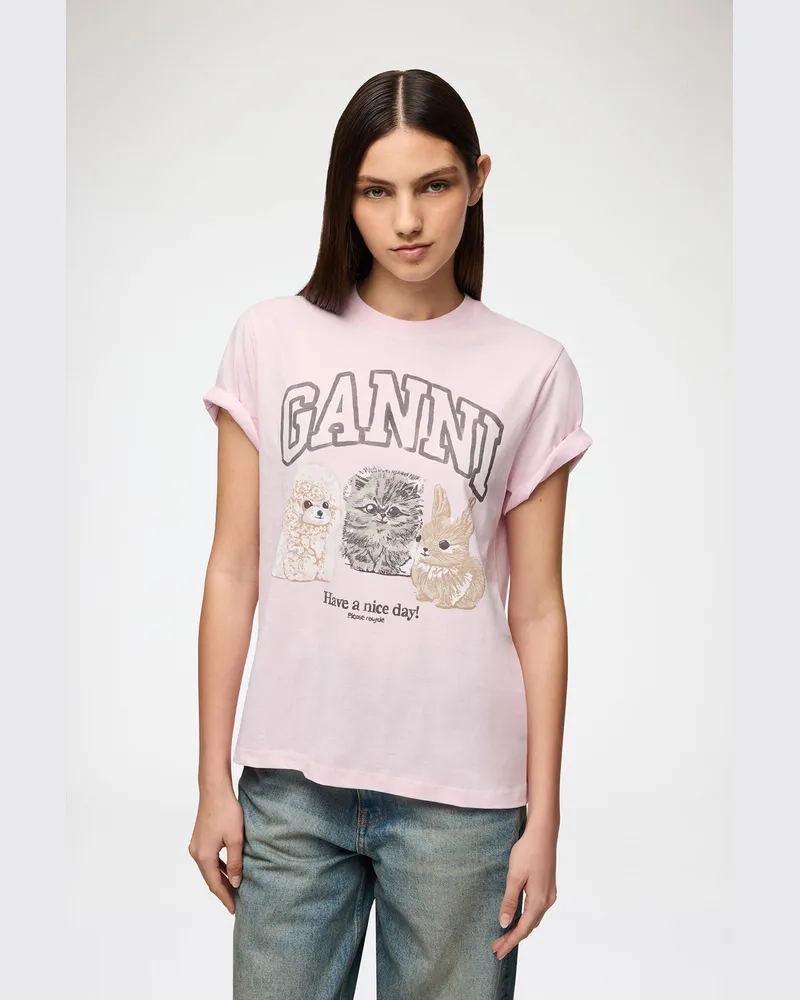 Ganni rosa T-Shirt mit Tieren Bio-Baumwolle - Größe Rosa