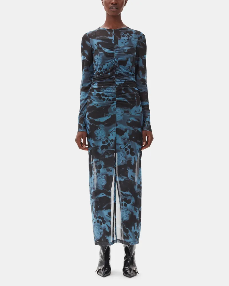 Ganni blau Printed Mesh O-neck Ruched Long Kleid - Größe Blau