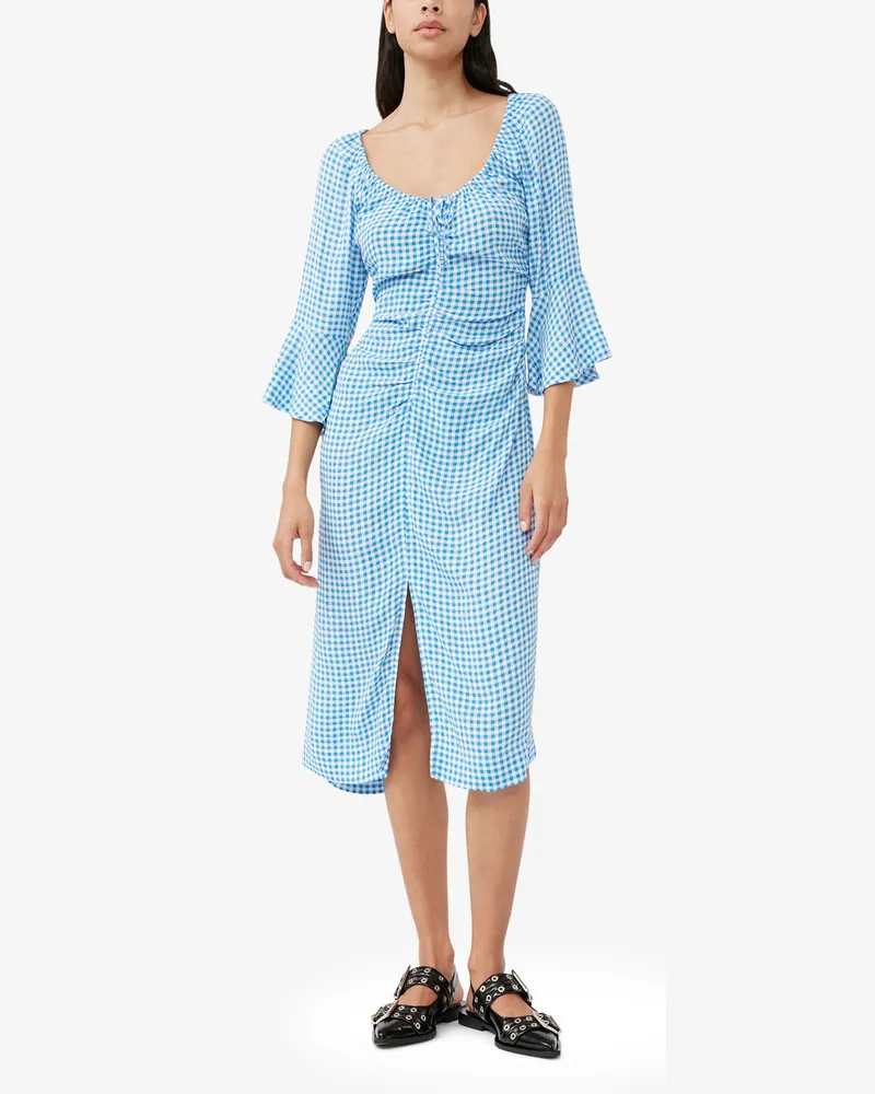 Ganni blau Midi-Kleid aus Crêpe mit Print und Raffungen Viskose - Größe Blau