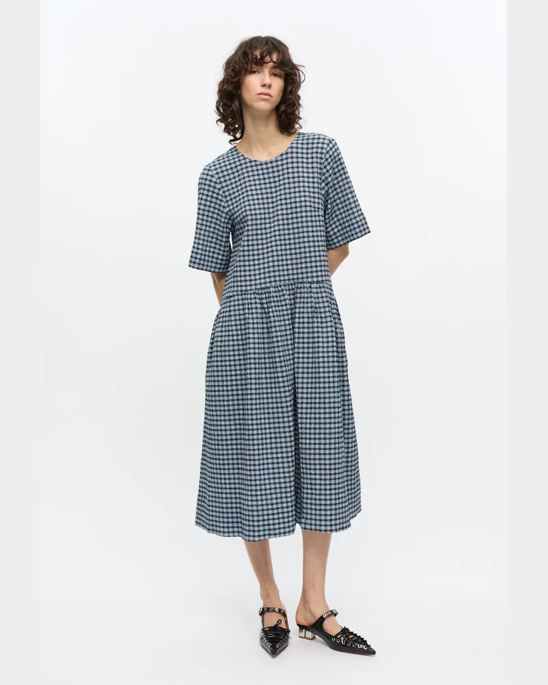 Ganni Blau kariertes Midikleid aus Seersucker Soft Chambray Soft