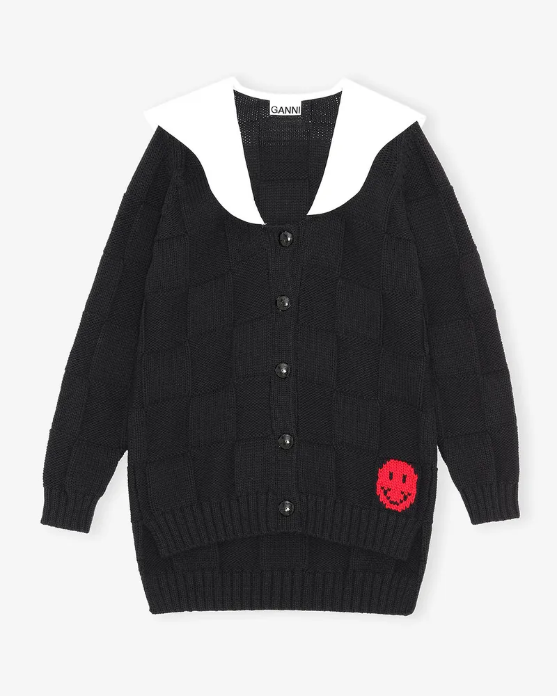 Ganni Smiley-Strickjacke mit Popeline-Kragen schwarz Schwarz