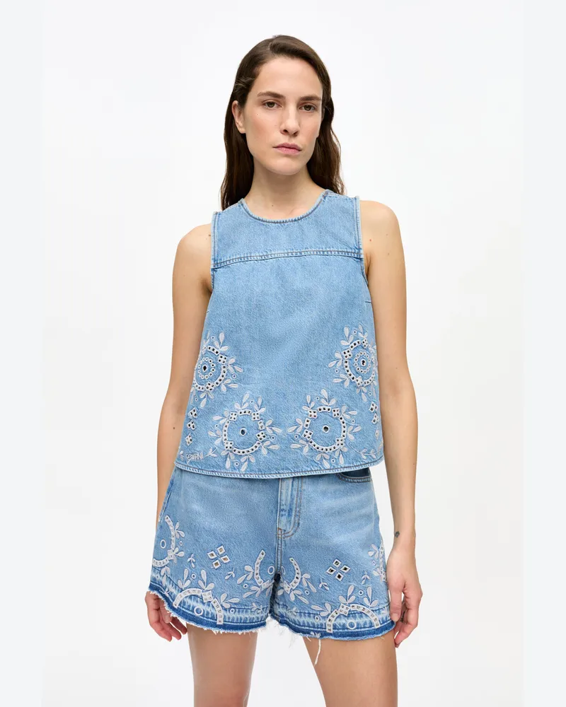 Ganni hellblau Stone Hellblaues Jeanstop mit Lockstickerei Baumwolle - Größe Hellblau