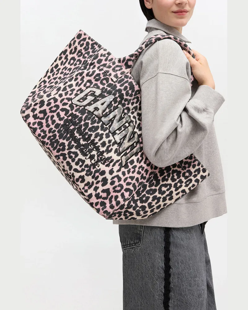 Ganni Mittelgroße Tragetasche mit Leopardenmuster rosa 