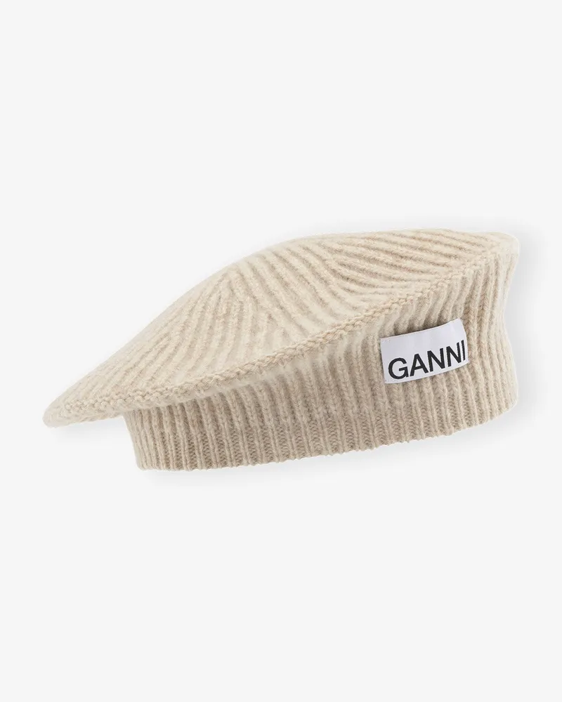 Ganni Wool Rib Knit Baskenmütze beige Beige