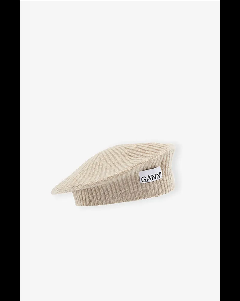 Ganni Wool Rib Knit Baskenmütze beige Beige