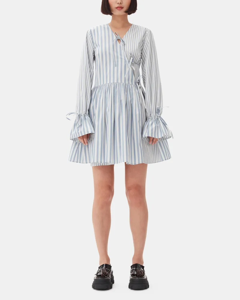 Ganni weiß Mini-Wickelkleid aus Baumwolle mit blauen Streifen Bio-Baumwolle - Größe Weiß