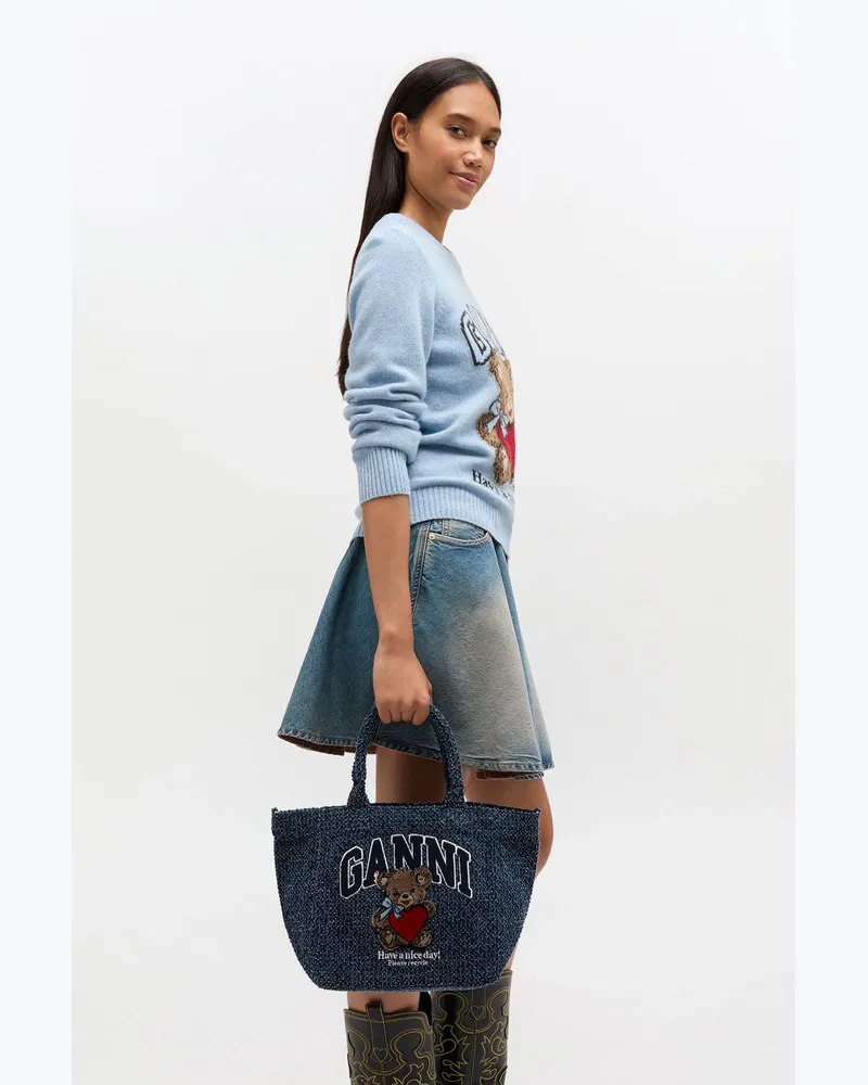 Ganni Kleine Tragetasche aus Tweed-Denim mit Bärenmotiv marineblau 