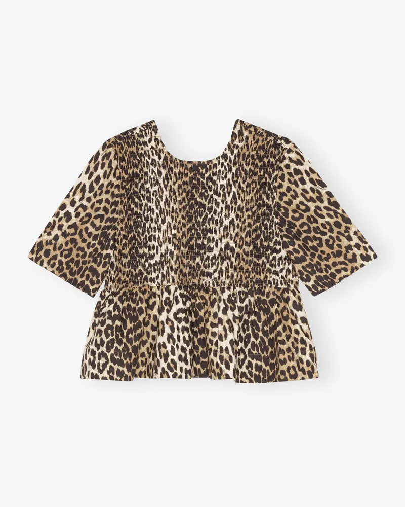 Ganni gemischt Leopardenmuster Bluse mit Smok-Details Baumwolle - Größe Gemischt
