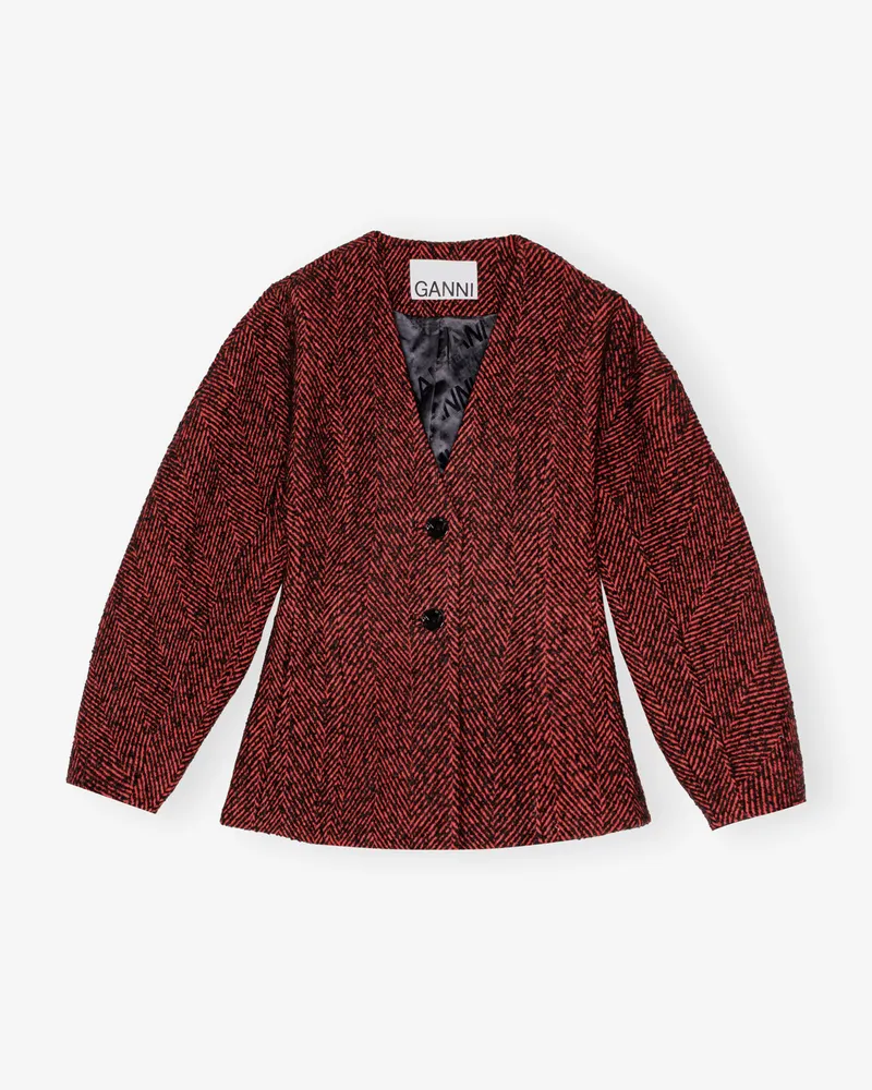 Ganni Roter Fischgräten Wollblazer mit geschwungenen Ärmeln Winery Winery