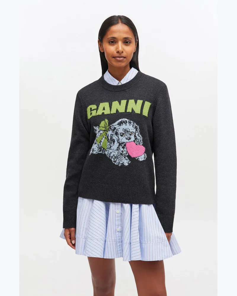Ganni Dunkelgraue Wollpullover mit Welpenprint - Größe gemischt Gemischt