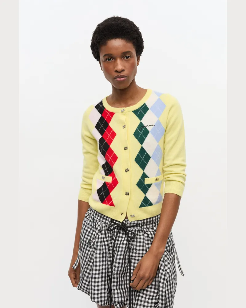 Ganni Pear Sorbet Gelb karierte Strickjacke Kashmir - Größe Pear