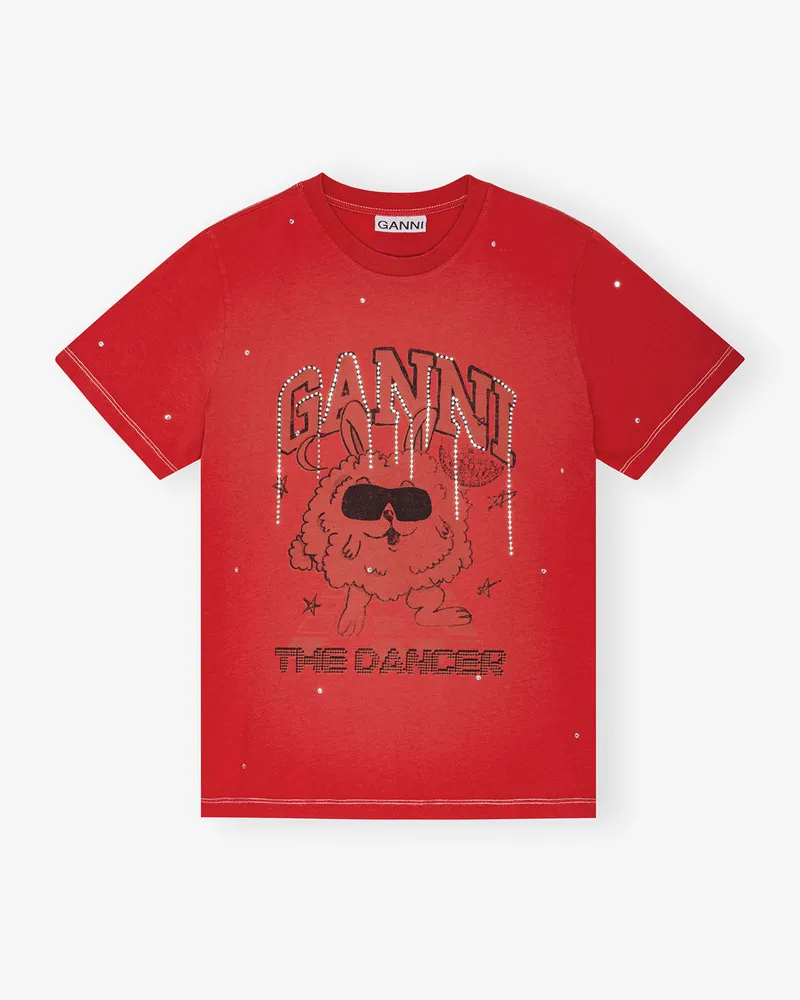 Ganni Racing rot Rotes Strass Grafik-T-Shirt Baumwolle - Größe Racing