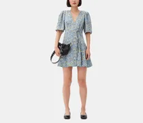 blau Floral Printed Crinkled Satin Mini Wickelkleid - Größe