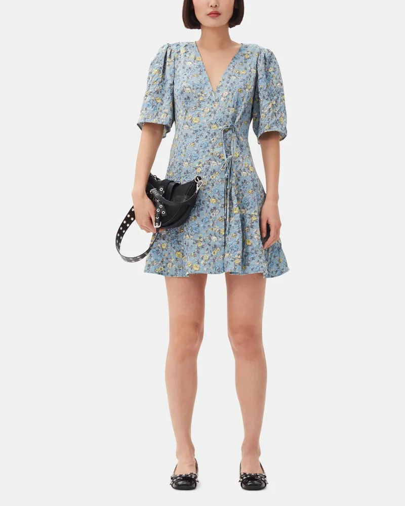 Ganni blau Floral Printed Crinkled Satin Mini Wickelkleid - Größe Blau