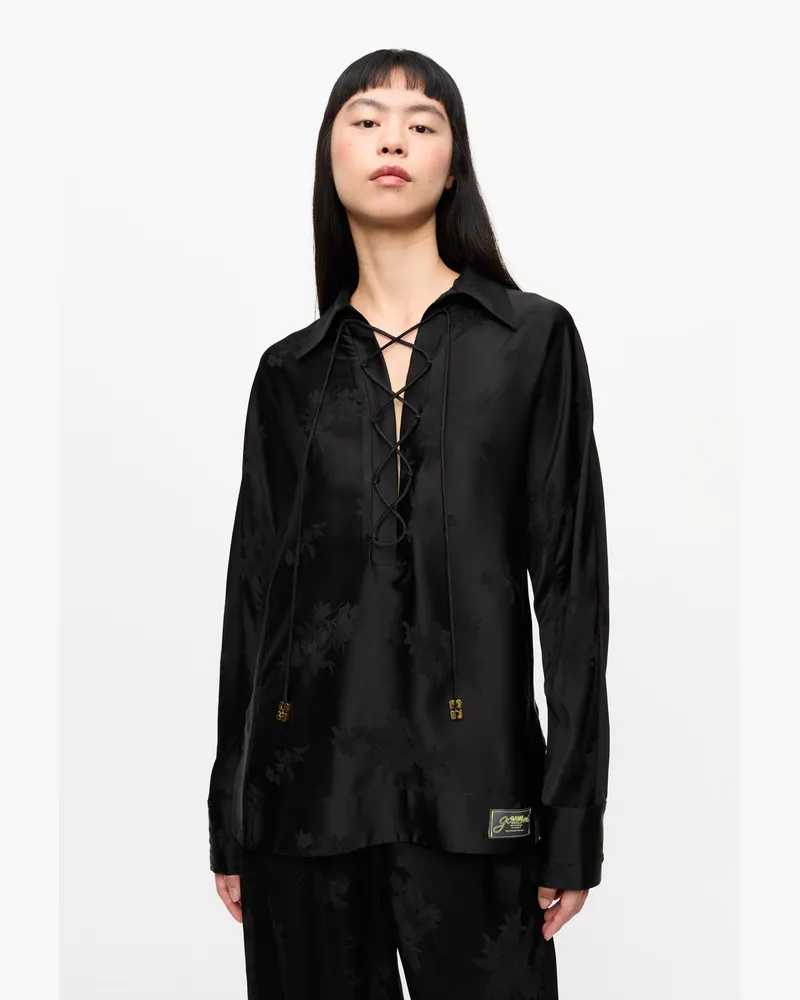 Ganni Schwarzes Satin-Jacquard-Hemd mit Band zum Schnüren schwarz Schwarz