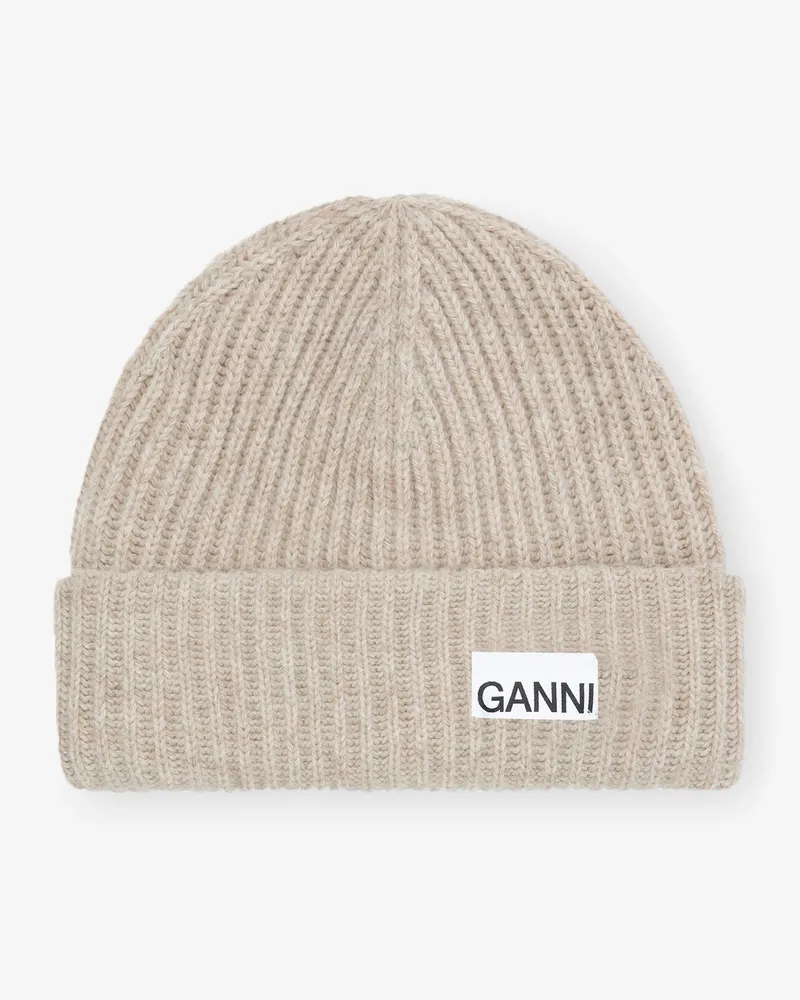 Ganni Sand Fitted Wool Rib Knit Beanie beige Beige