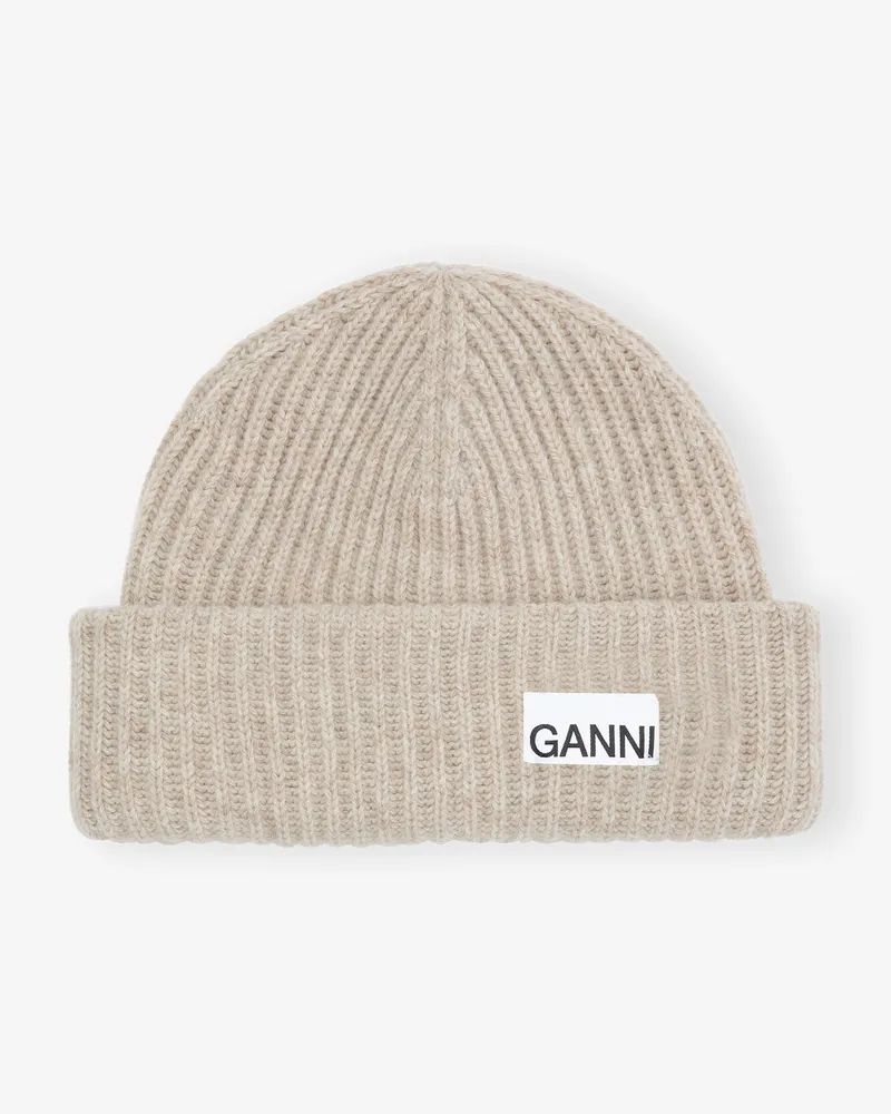 Ganni Sand Fitted Wool Rib Knit Beanie beige Beige
