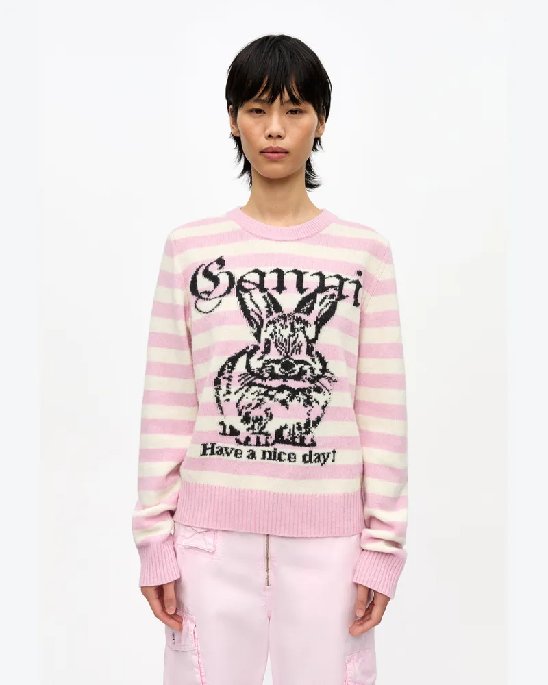 Ganni Gestreifter grafischer Bunny-Wollpullover - Größe Primrose rosa Primrose