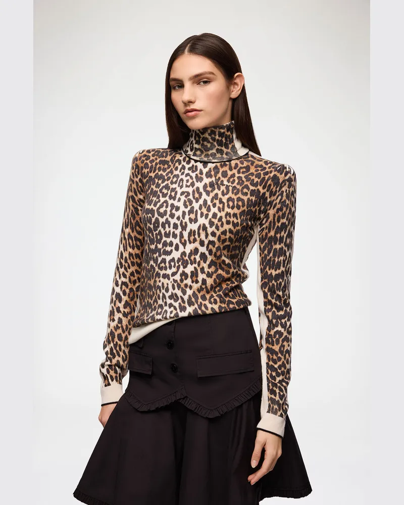 Ganni braun Rollkragenpullover mit Leopardenmuster Merino Wolle - Größe Braun
