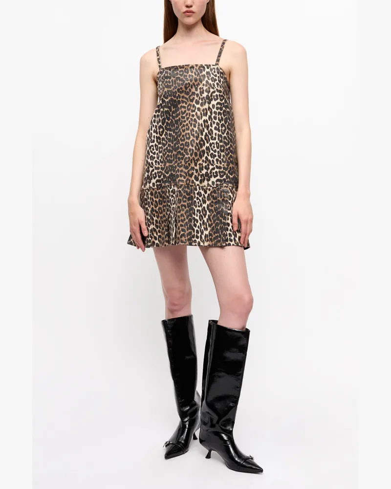 Ganni gemischt Leopard Foil Print Denim Strap Kleid Bio-Baumwolle - Größe Gemischt