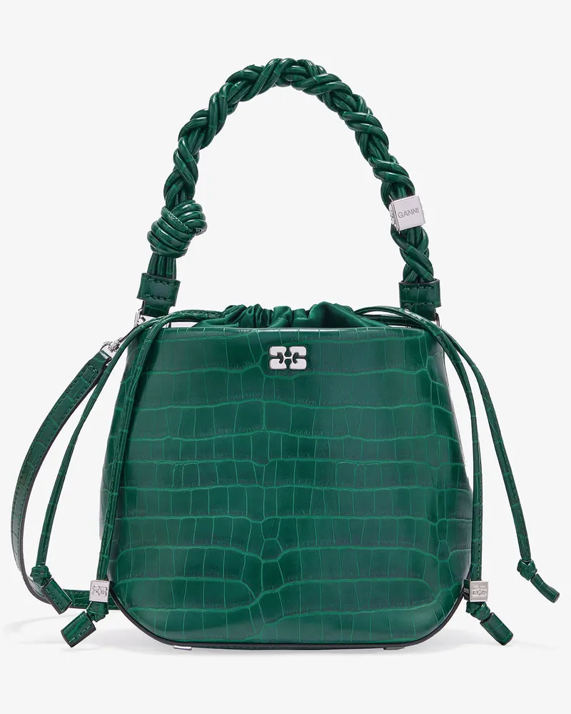 Ganni Grüne Bou Bucket Tasche in Lack-Kroko-Optik Pineneedle Pineneedle