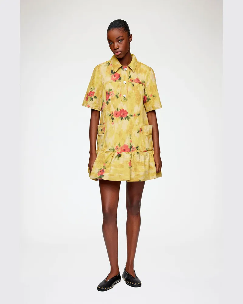 Ganni Vibrant gelb Kleid aus bedrucktem Denim in Bio-Baumwolle - Größe Vibrant