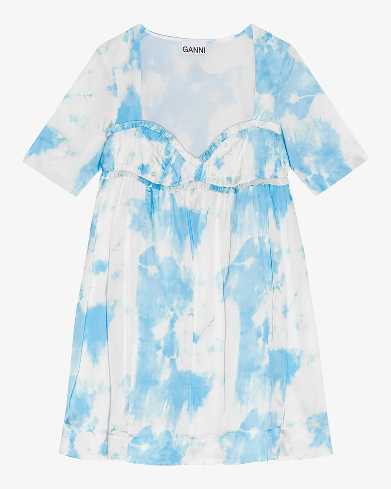 Ganni Powder blau Bedrucktes Satin Mini-Kleid mit kurzen Ärmeln Elastan - Größe Powder