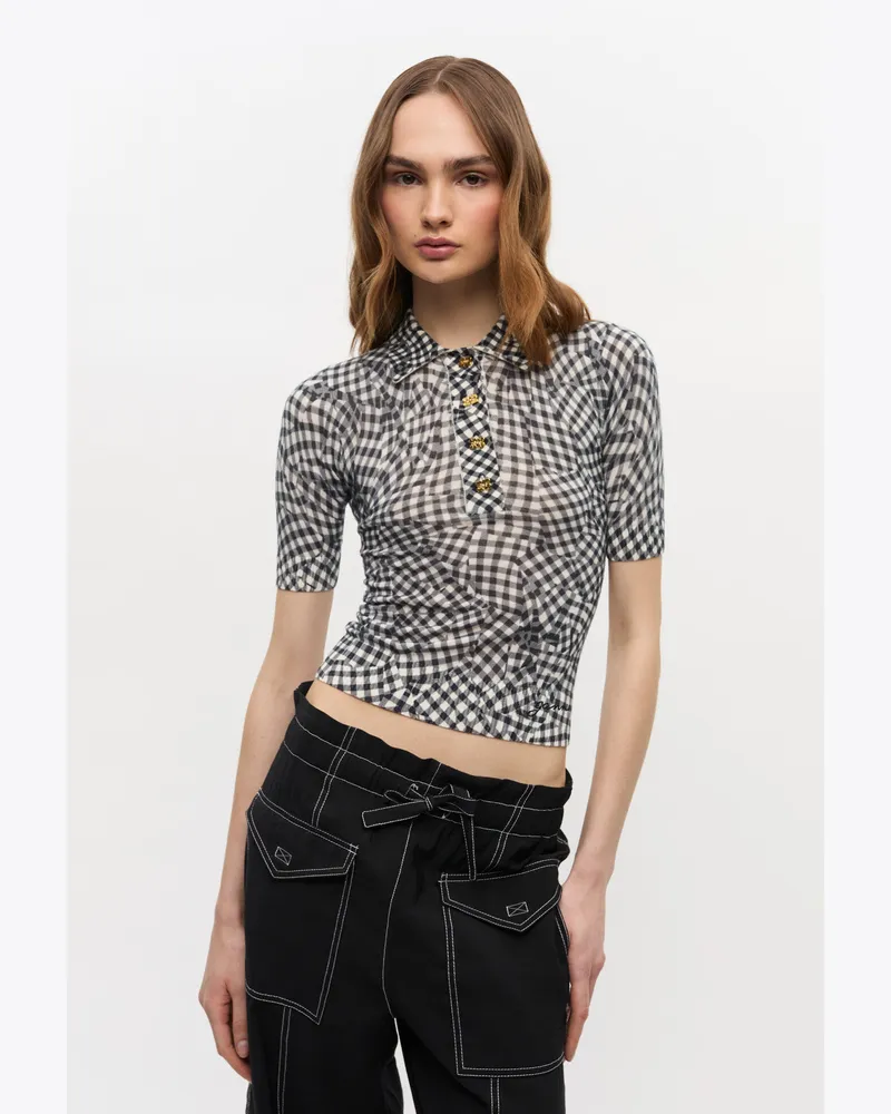Ganni Printed Poloshirt aus transparenter Baumwolle in Schwarz Schwarz