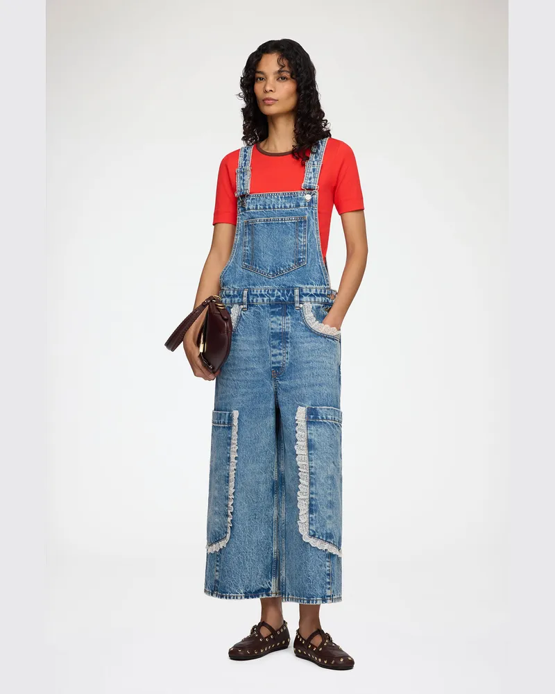 Ganni blau Verkürzte Latzhose mit Spitze aus festem Denim Bio-Baumwolle - Größe Blau
