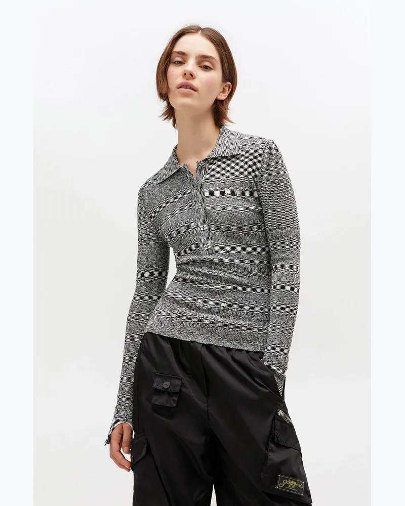 Ganni Grau gestreiftes Strickpolohemd - Größe schwarz Schwarz
