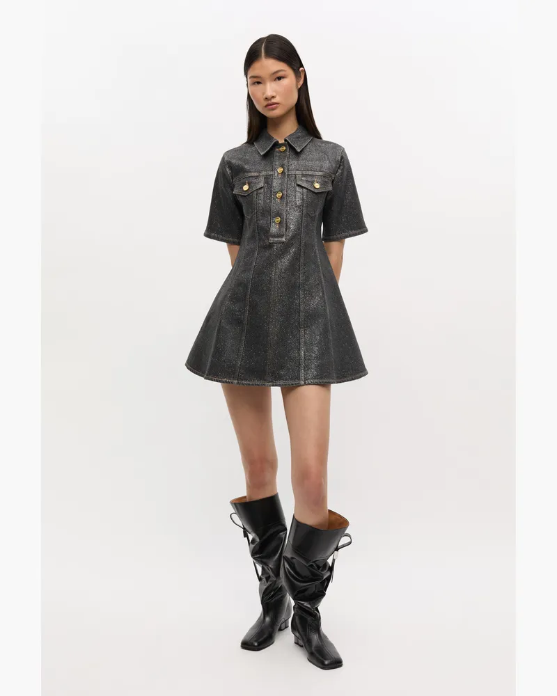 Ganni Washed schwarz/schwarz Minikleid aus Jeans mit schimmernder Folie Baumwolle - Größe Washed