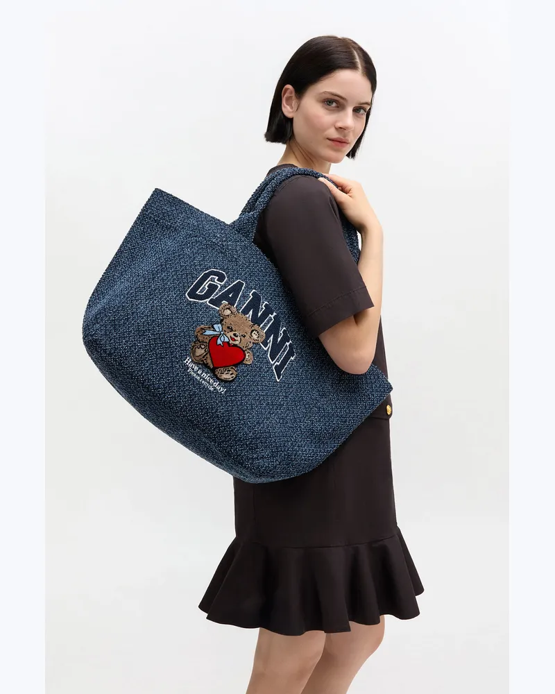 Ganni Mittelgroße Tragetasche aus Denim mit Bärenmotiv marineblau 