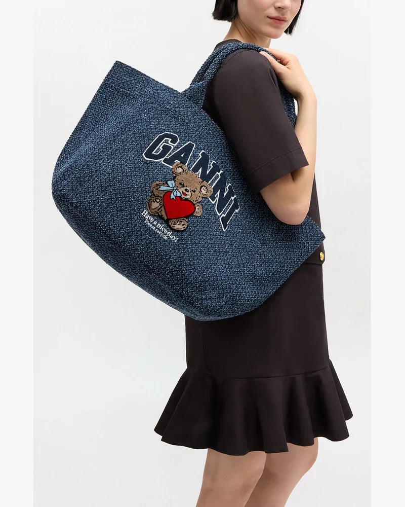 Ganni Mittelgroße Tragetasche aus Denim mit Bärenmotiv marineblau 